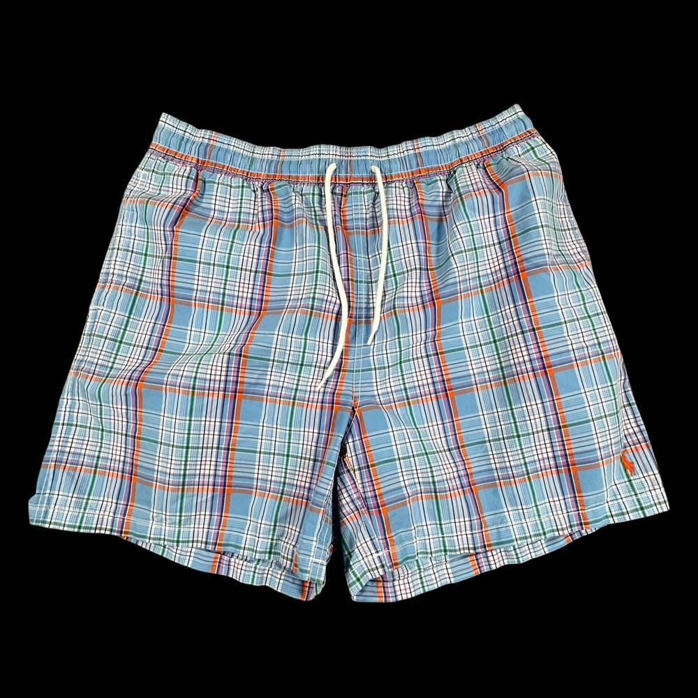 Polo Ralph Lauren Swim Trunks Mens L Blue Plaid Madras Mesh Lined Board Shorts